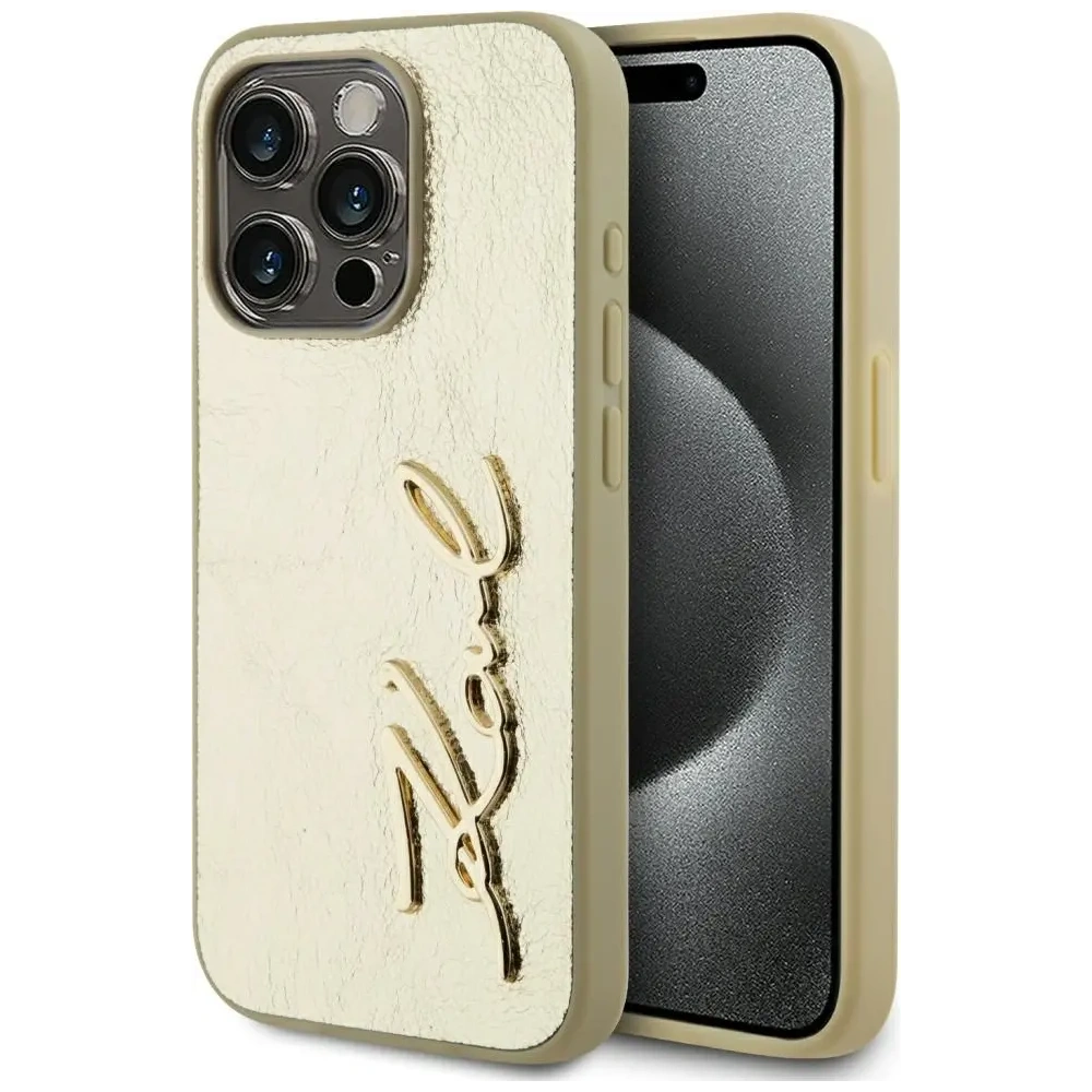 Etui Karl Lagerfeld Wrinkled Metal Signature do Apple iPhone 15 Pro Max złoty