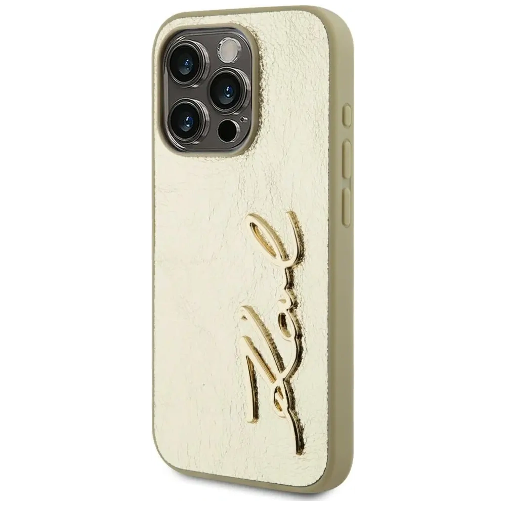 Etui Karl Lagerfeld Wrinkled Metal Signature do Apple iPhone 15 Pro Max złoty