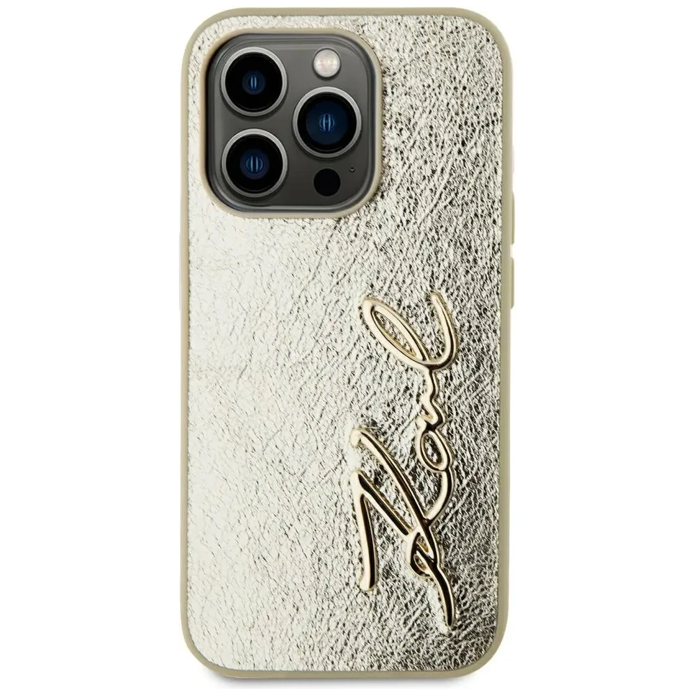 Etui Karl Lagerfeld Wrinkled Metal Signature do Apple iPhone 15 Pro Max złoty
