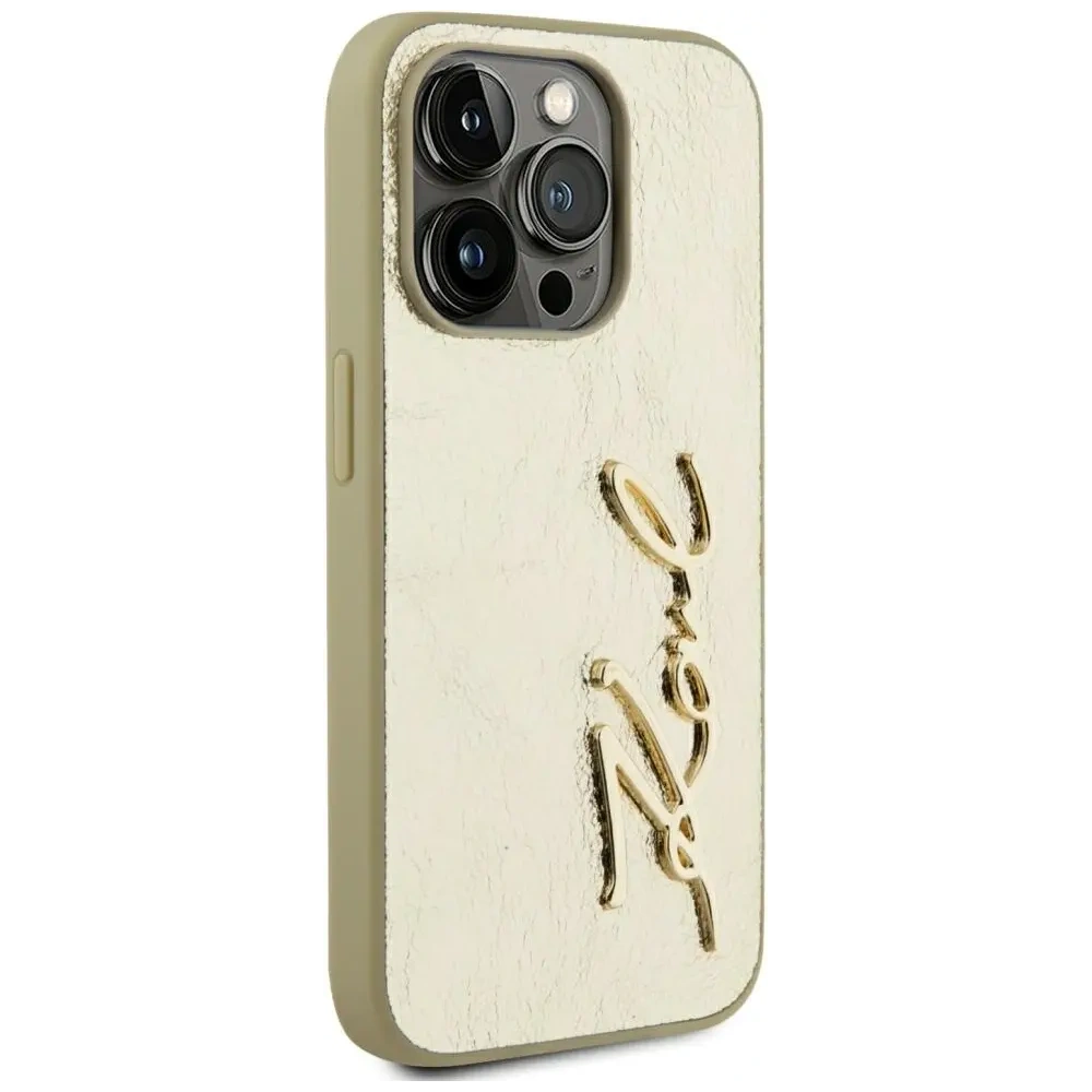 Etui Karl Lagerfeld Wrinkled Metal Signature do Apple iPhone 15 Pro Max złoty