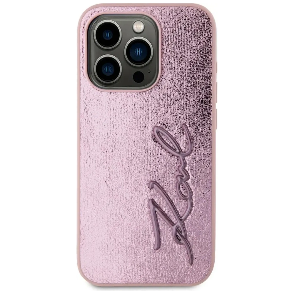 Etui Karl Lagerfeld Wrinkled Metal Signature do Apple iPhone 15 Pro różowy