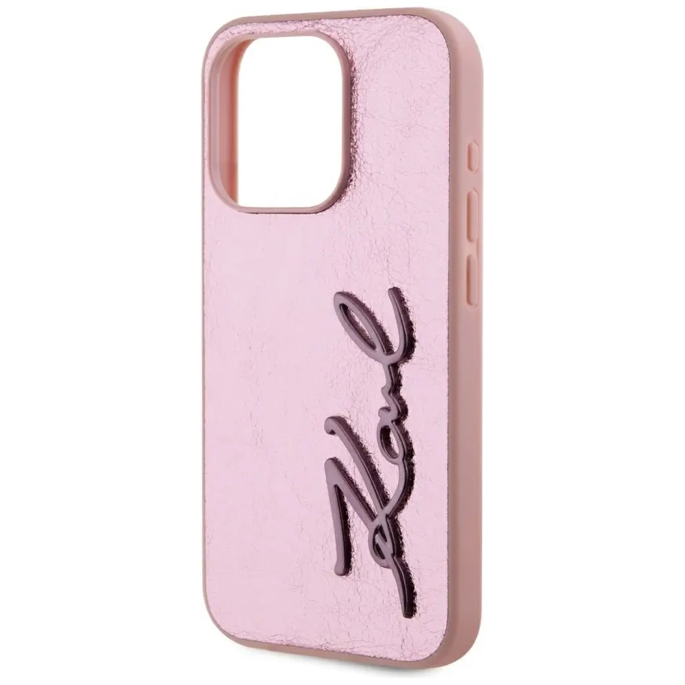 Etui Karl Lagerfeld Wrinkled Metal Signature do Apple iPhone 15 Pro różowy