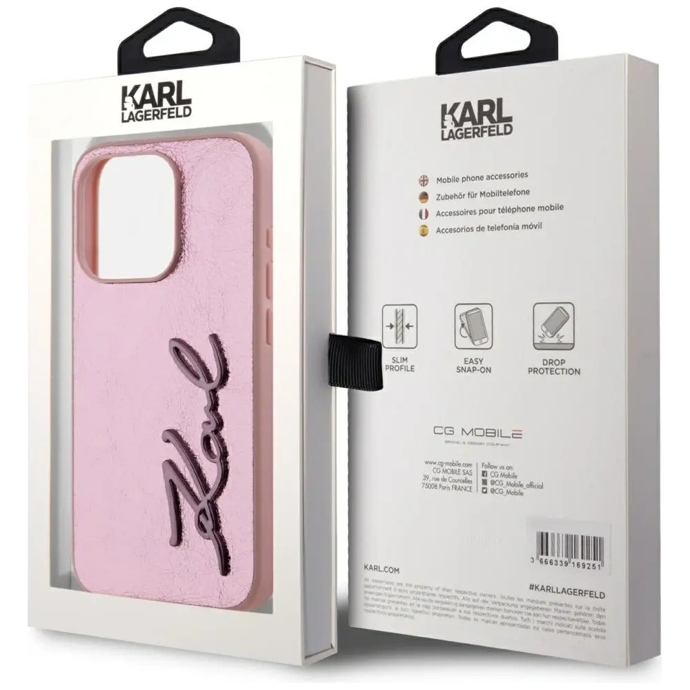 Etui Karl Lagerfeld Wrinkled Metal Signature do Apple iPhone 15 Pro różowy
