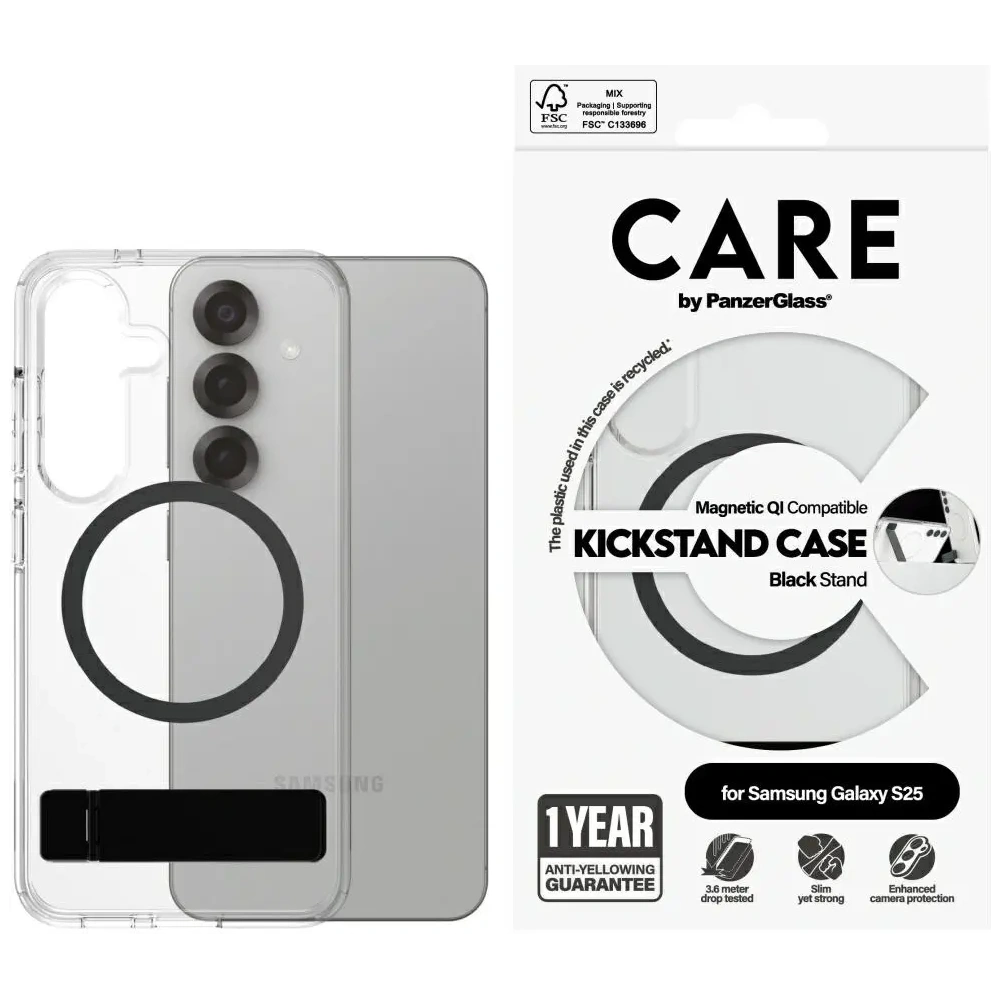 Etui CARE by PanzerGlass Feature Black Kickstand & QI do Samsung Galaxy S25 przezroczysty