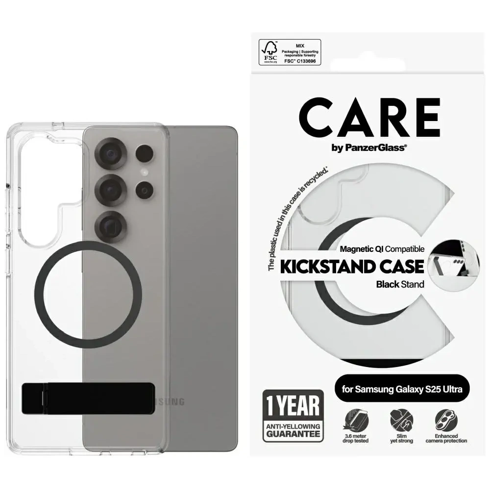 Etui CARE by PanzerGlass Feature Black Kickstand & QI do Samsung Galaxy S25 Ultra przezroczysty