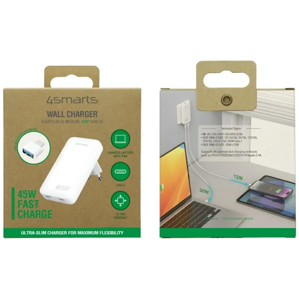 Ładowarka sieciowa 4smarts FlatPlug Slim Dual 45W GaN 2xUSB-C biały