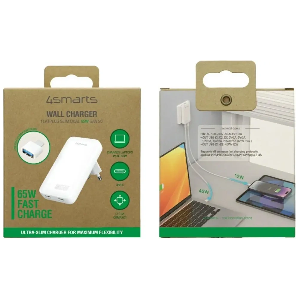 Ładowarka sieciowa 4smarts FlatPlug Slim Dual 65W GaN 2xUSB-C biały