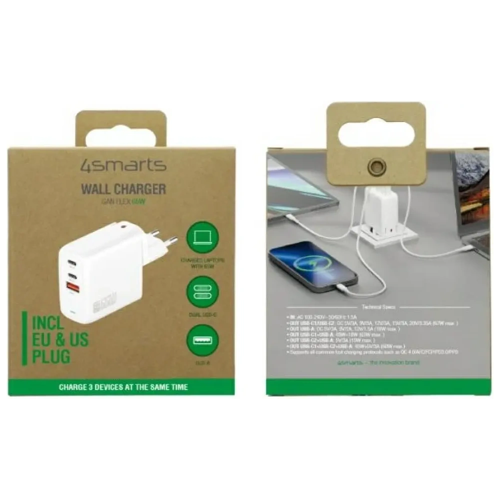 Ładowarka sieciowa 4smarts Flex 65W USB-A, 2xUSB-C biały