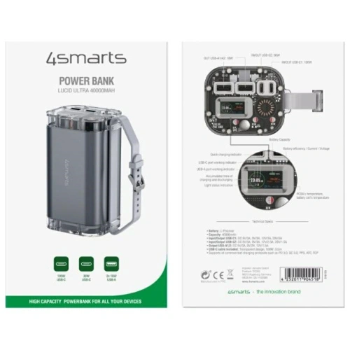 Kup 4smarts Lucid Ultra 40000mAh Powerbank 100W 2xUSB-A, 2xUSB-C IP67 šedý - 4SMR82 - {ean13} - Sklep Home Screen