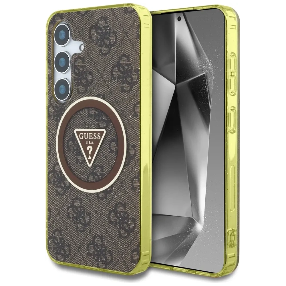 Etui Guess 4G Glitter Triangle Buttons MagSafe do Samsung Galaxy S25 brązowy
