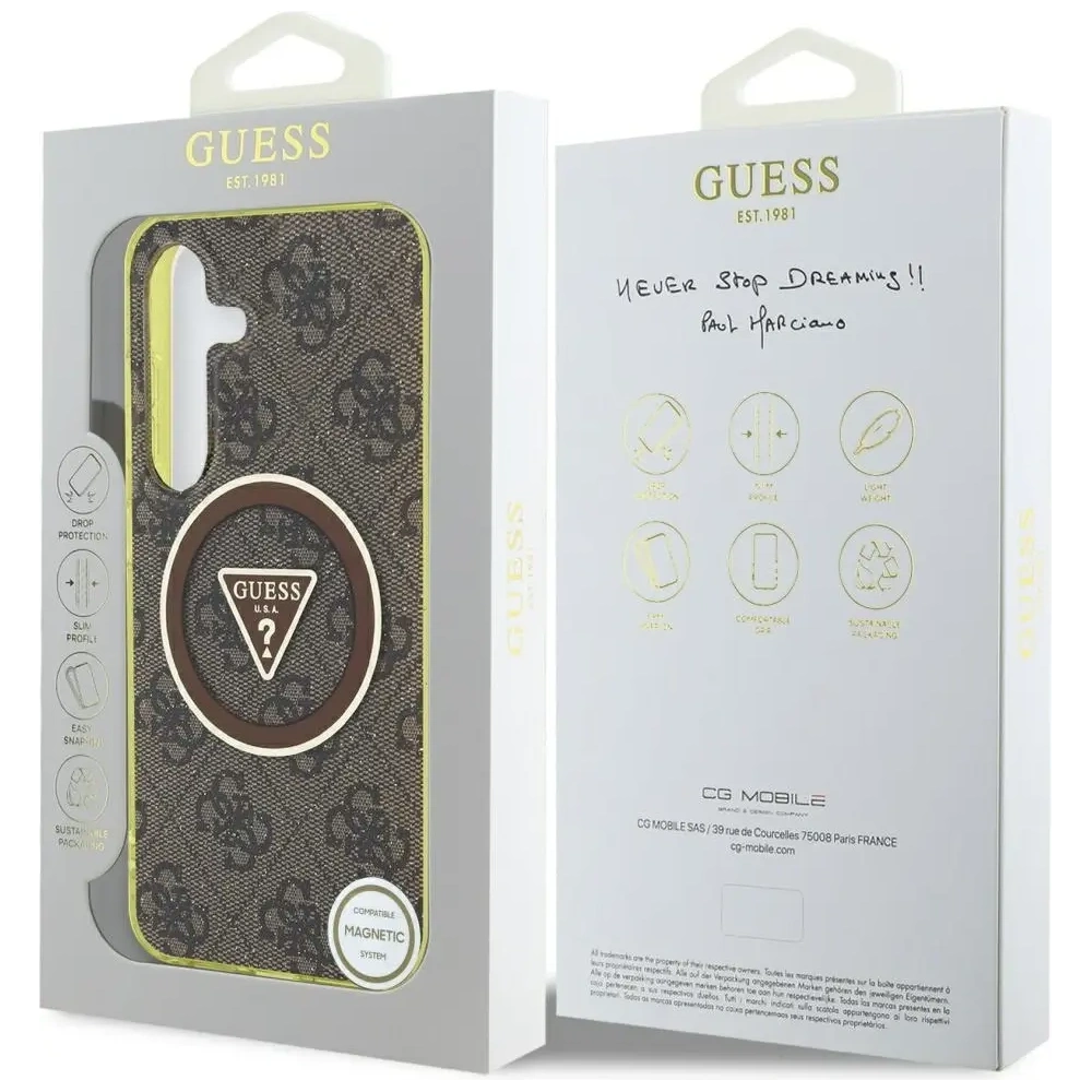 Etui Guess 4G Glitter Triangle Buttons MagSafe do Samsung Galaxy S25 brązowy