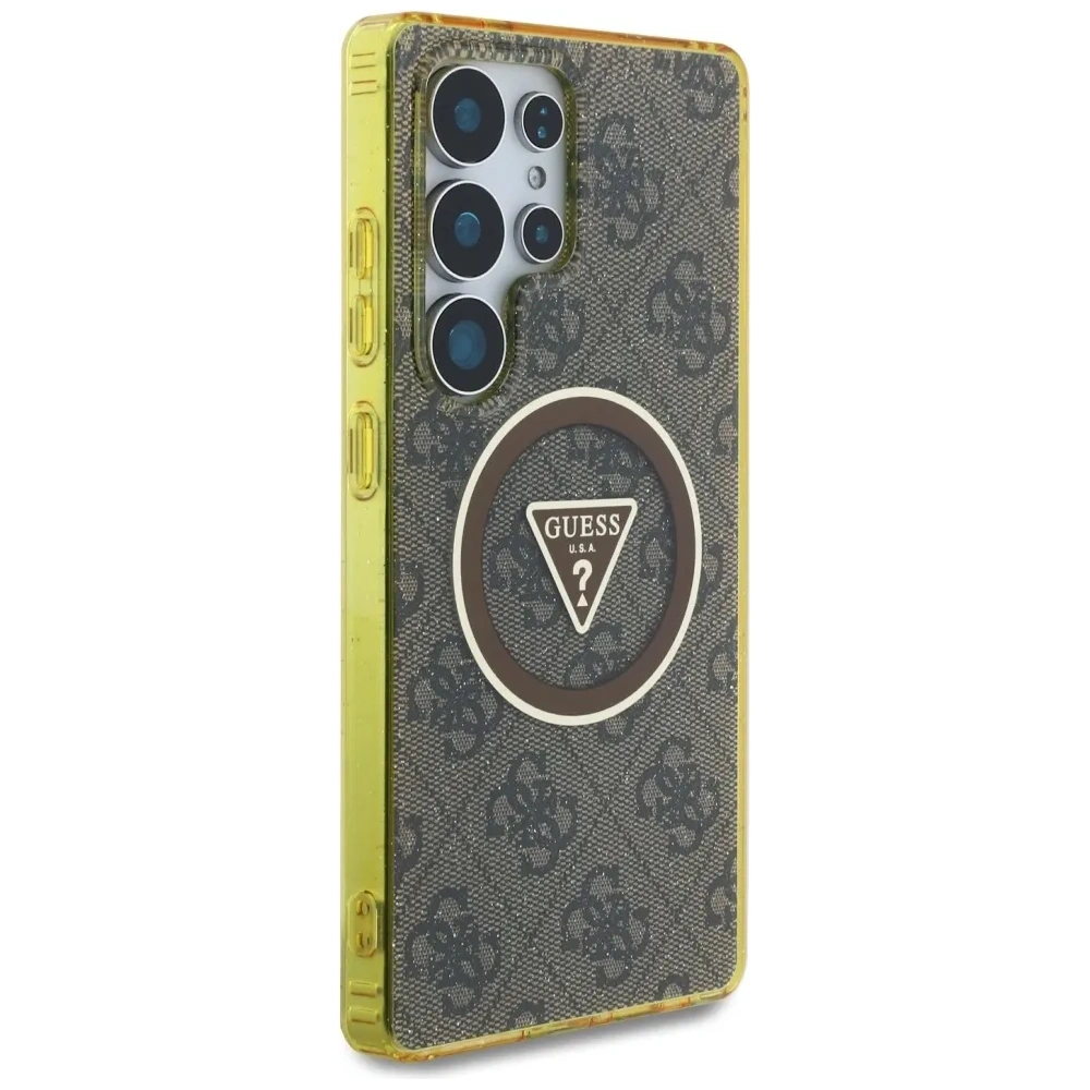 Etui Guess 4G Glitter Triangle Buttons MagSafe do Samsung Galaxy S25 Ultra brązowy