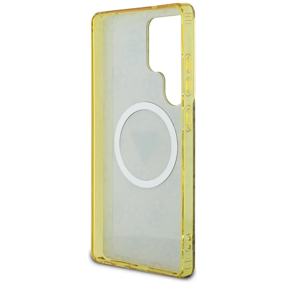 Etui Guess 4G Glitter Triangle Buttons MagSafe do Samsung Galaxy S25 Ultra brązowy