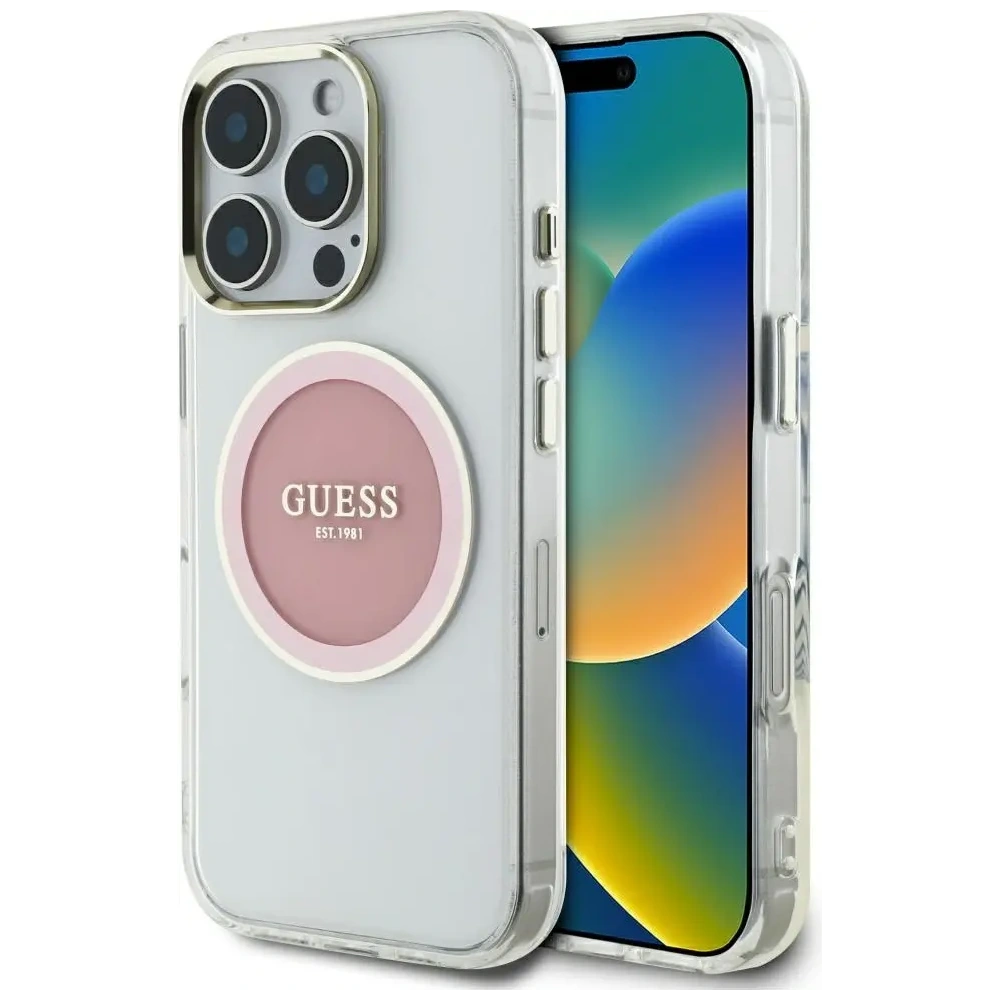 Etui Guess IML Metal Colored Circle Classic Logo MagSafe do Apple iPhone 16 Pro Max różowy