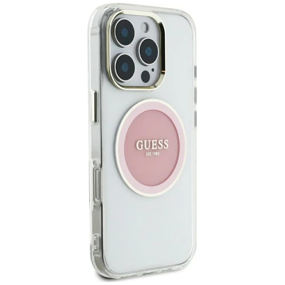 Etui Guess IML Metal Colored Circle Classic Logo MagSafe do Apple iPhone 16 Pro Max różowy