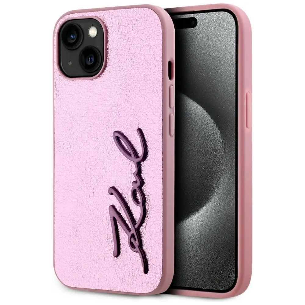Etui Karl Lagerfeld Wrinkled Metal Signature do Apple iPhone 15 różowy