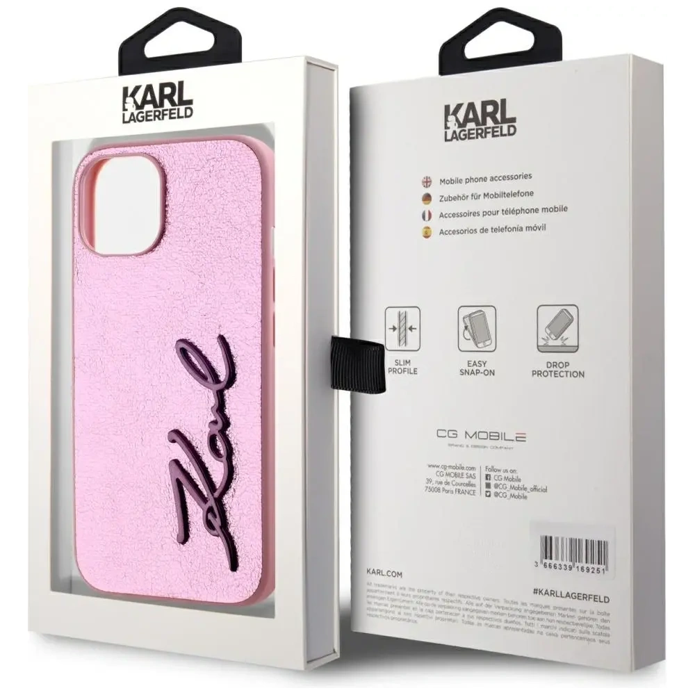 Etui Karl Lagerfeld Wrinkled Metal Signature do Apple iPhone 15 różowy