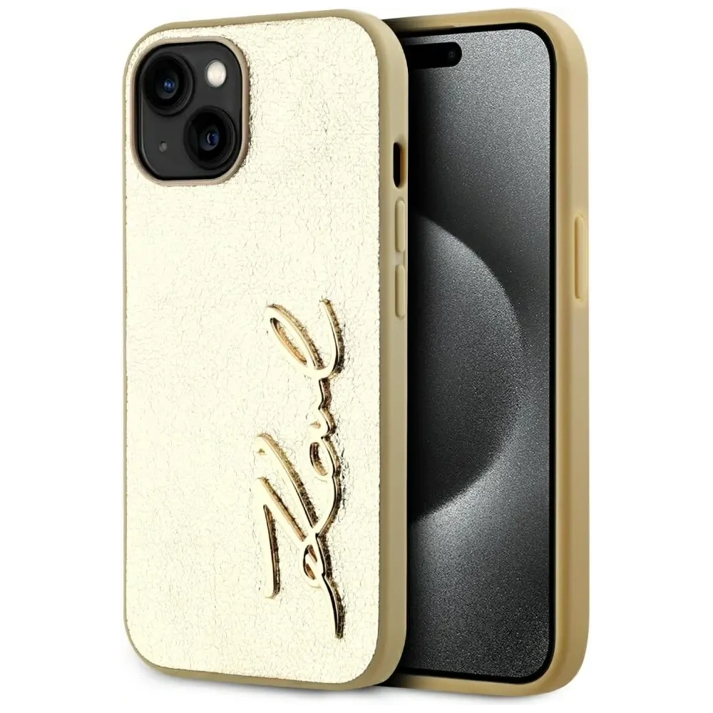 Etui Karl Lagerfeld Wrinkled Metal Signature do Apple iPhone 15 złoty