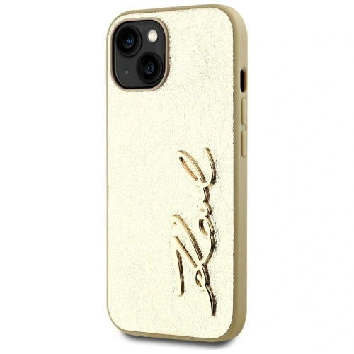Kup Karl Lagerfeld Zmačkaný kovový podpis Apple iPhone 15 zlatý - KLD22043 - {ean13} - Sklep Home Screen