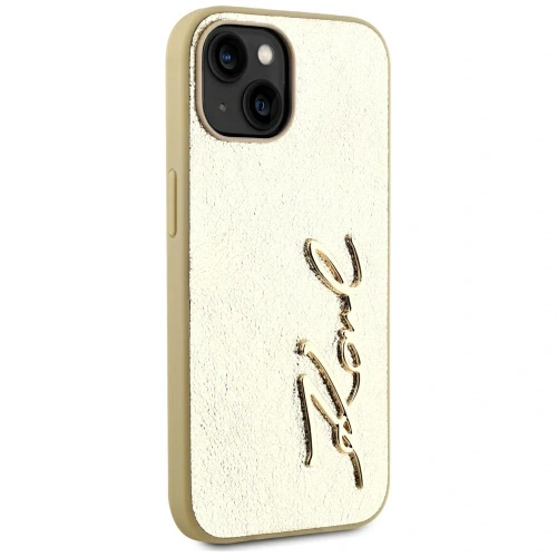 Kup Karl Lagerfeld Zmačkaný kovový podpis Apple iPhone 15 zlatý - KLD22043 - {ean13} - Sklep Home Screen