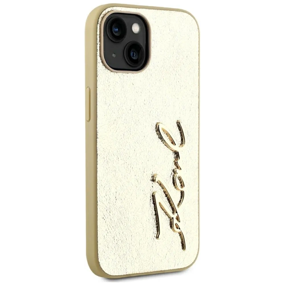 Etui Karl Lagerfeld Wrinkled Metal Signature do Apple iPhone 15 złoty