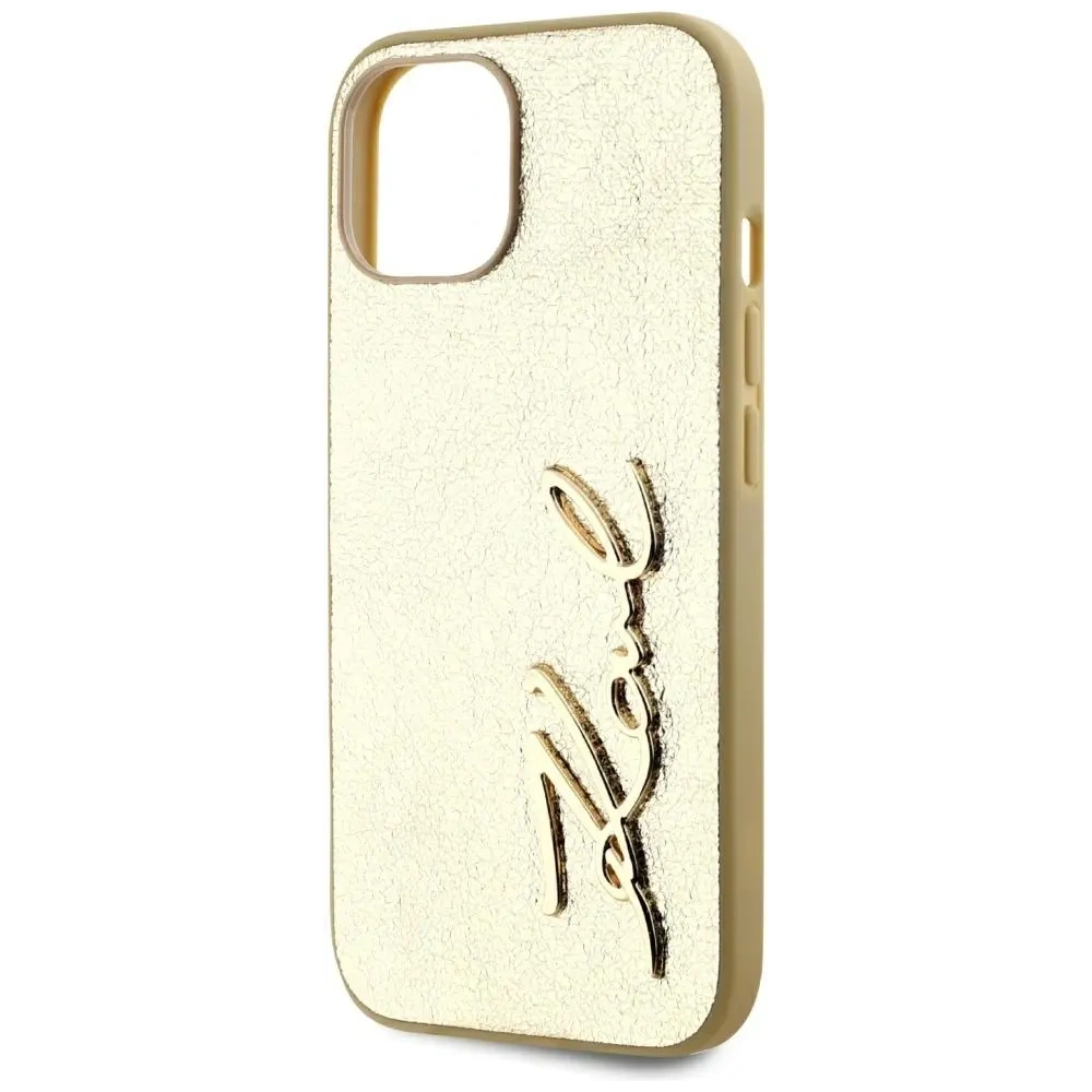 Etui Karl Lagerfeld Wrinkled Metal Signature do Apple iPhone 15 złoty