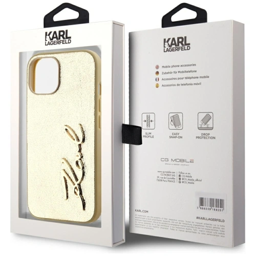 Kup Karl Lagerfeld Zmačkaný kovový podpis Apple iPhone 15 zlatý - KLD22043 - {ean13} - Sklep Home Screen