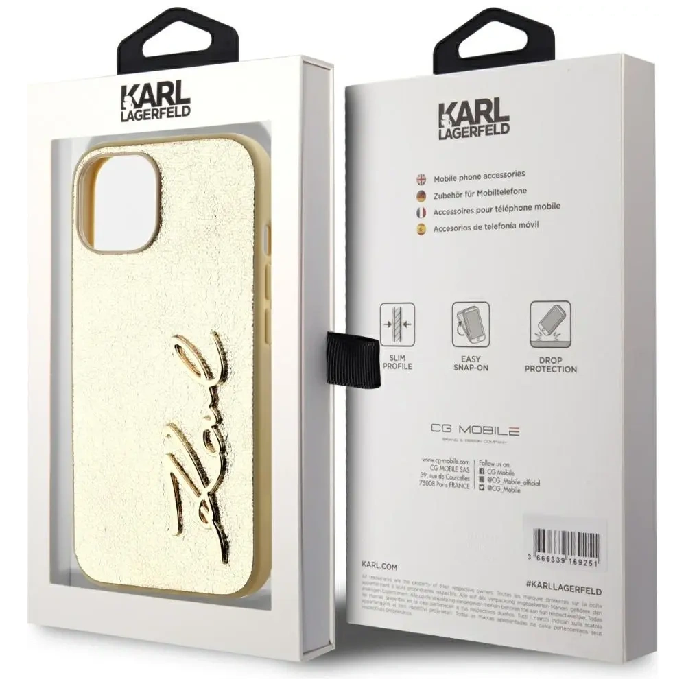 Etui Karl Lagerfeld Wrinkled Metal Signature do Apple iPhone 15 złoty