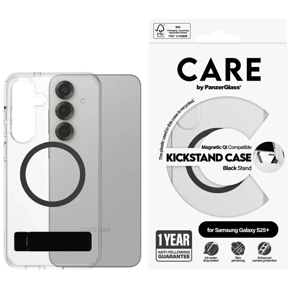 Etui CARE by PanzerGlass Feature Black Kickstand & QI do Samsung Galaxy S25+ Plus przezroczysty
