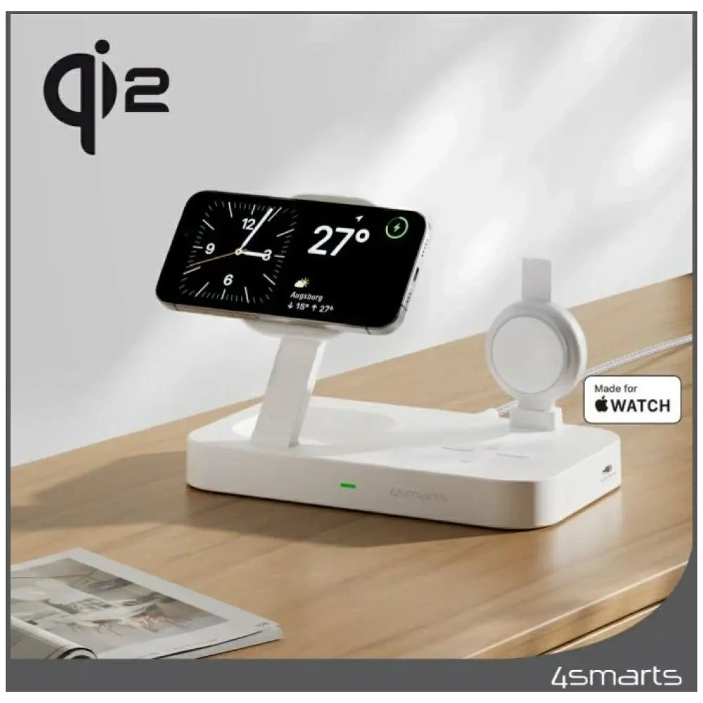 Stacja ładująca 4smarts Qi2 Trident z szybką ładowarką MFI do Apple Watch biały