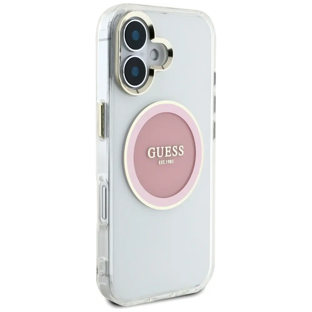 Etui Guess IML Metal Colored Circle Classic Logo MagSafe do Apple iPhone 16 różowy
