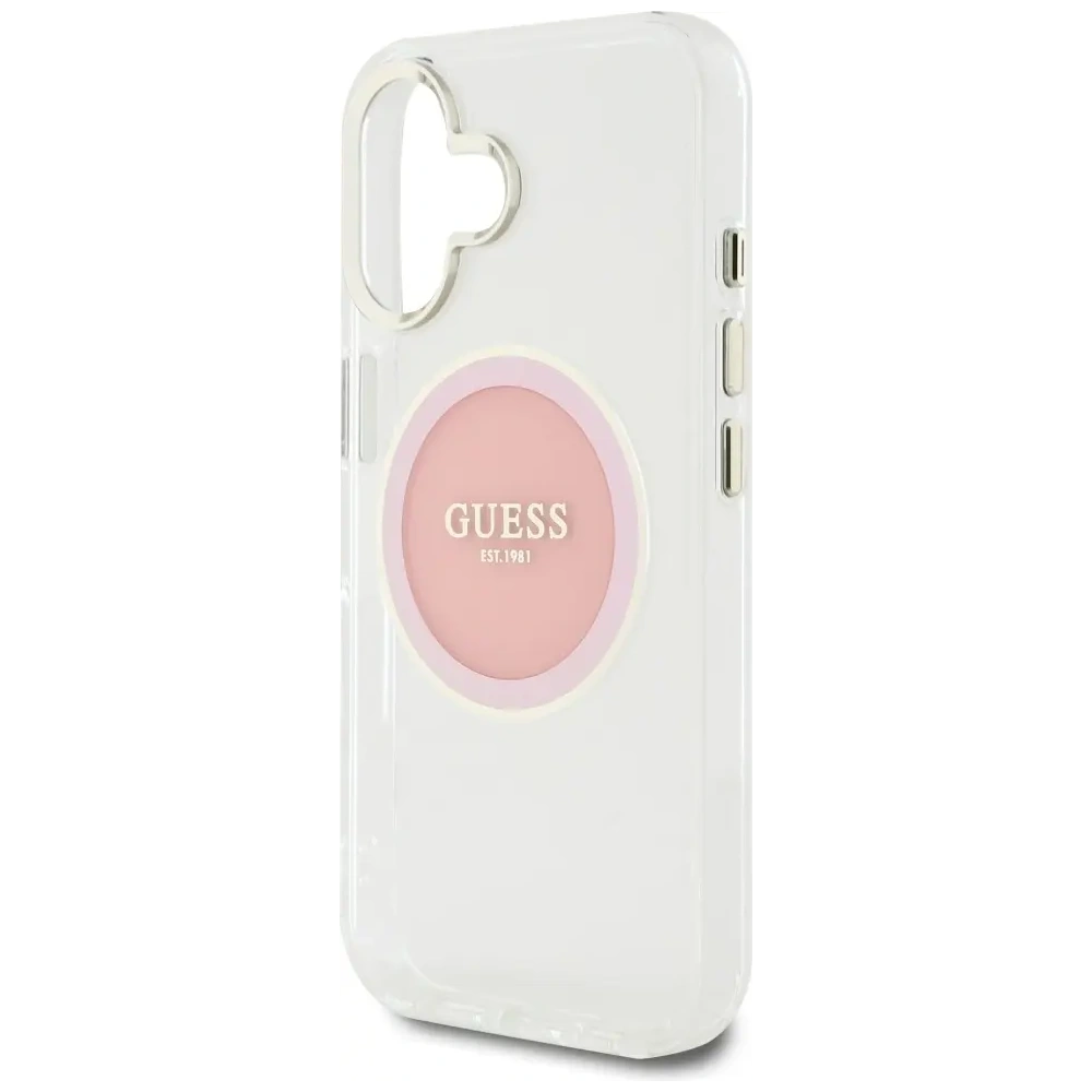 Etui Guess IML Metal Colored Circle Classic Logo MagSafe do Apple iPhone 16 różowy