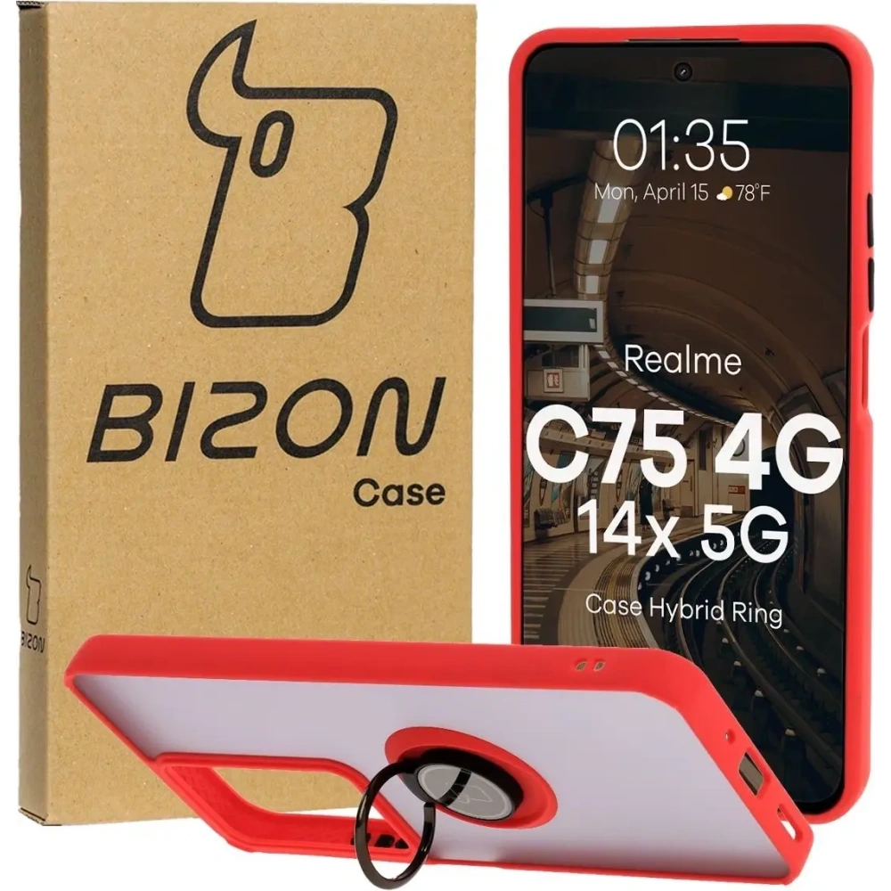 Etui z uchwytem na palec Bizon Case Hybrid Ring do Realme C75 4G / 14x 5G przydymione z czerwoną ramką