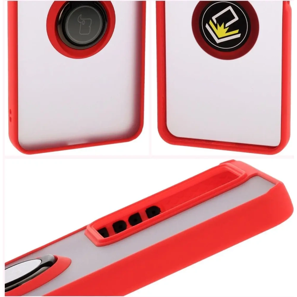 Etui z uchwytem na palec Bizon Case Hybrid Ring do Realme C75 4G / 14x 5G przydymione z czerwoną ramką