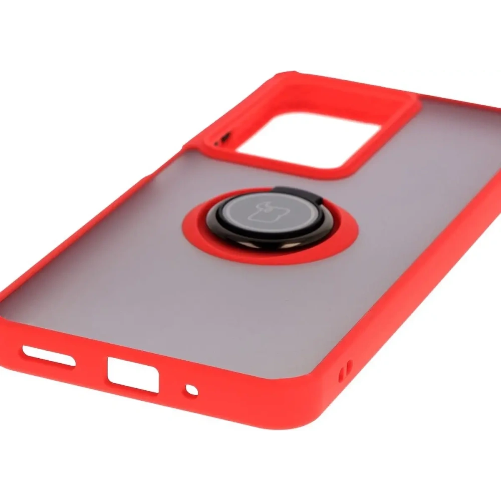 Etui z uchwytem na palec Bizon Case Hybrid Ring do Realme C75 4G / 14x 5G przydymione z czerwoną ramką