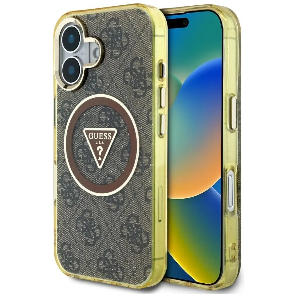Etui Guess IML Metal Glitter 4G Circle Triangle MagSafe do Apple iPhone 16 brązowy