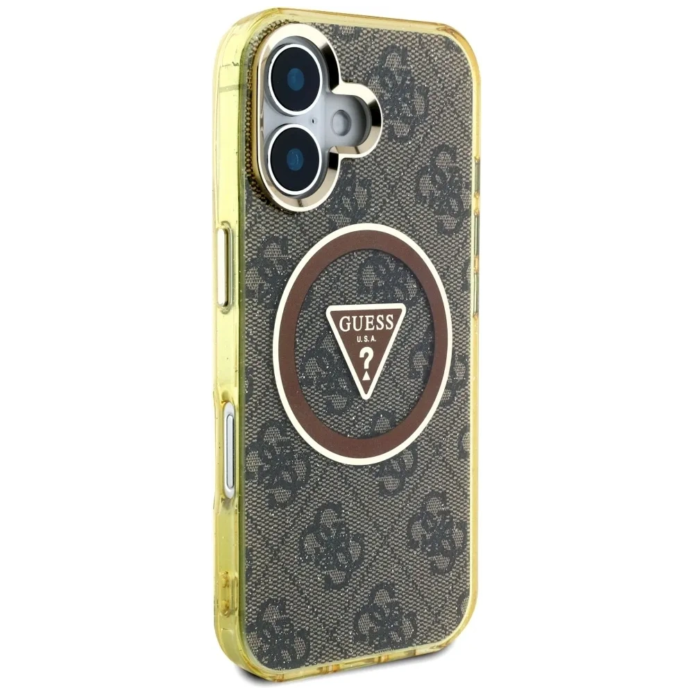 Etui Guess IML Metal Glitter 4G Circle Triangle MagSafe do Apple iPhone 16 brązowy