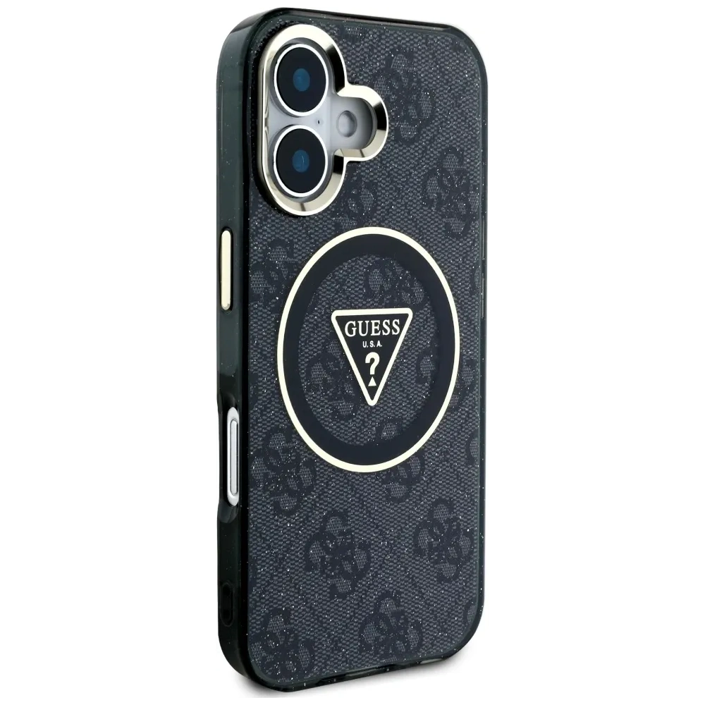 Etui Guess IML Metal Glitter 4G Circle Triangle MagSafe do Apple iPhone 16 czarny