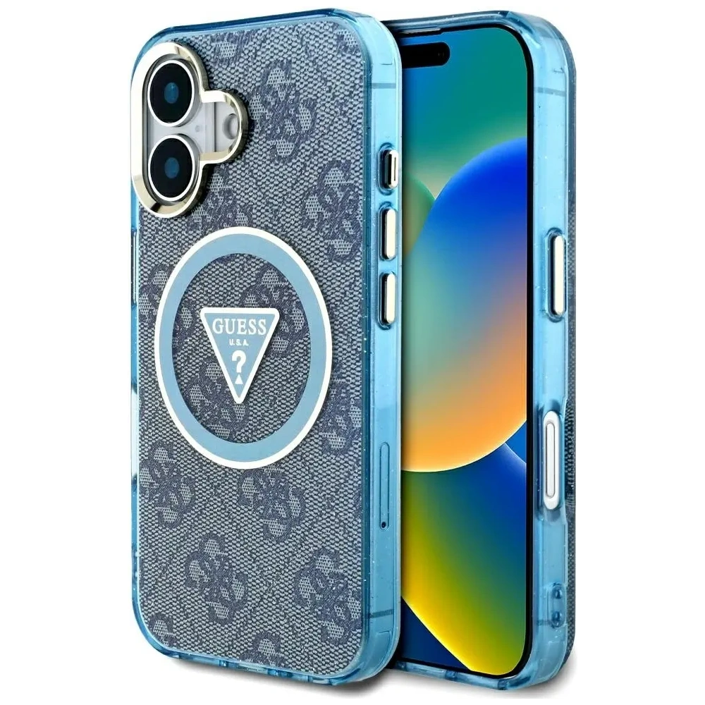 Etui Guess IML Metal Glitter 4G Circle Triangle MagSafe do Apple iPhone 16 niebieski