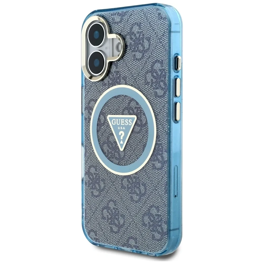 Etui Guess IML Metal Glitter 4G Circle Triangle MagSafe do Apple iPhone 16 niebieski