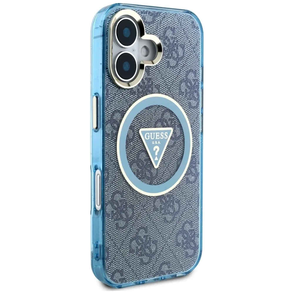 Etui Guess IML Metal Glitter 4G Circle Triangle MagSafe do Apple iPhone 16 niebieski