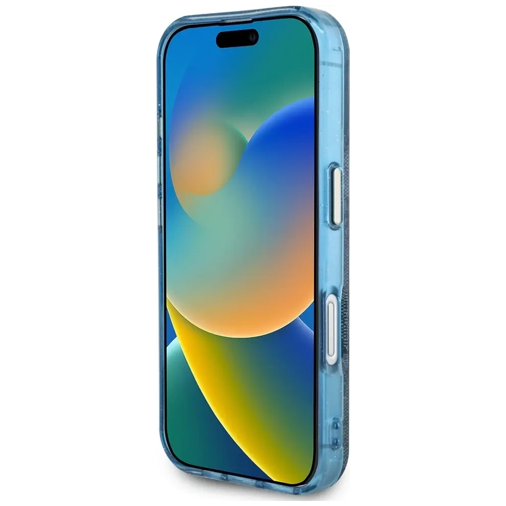 Etui Guess IML Metal Glitter 4G Circle Triangle MagSafe do Apple iPhone 16 niebieski