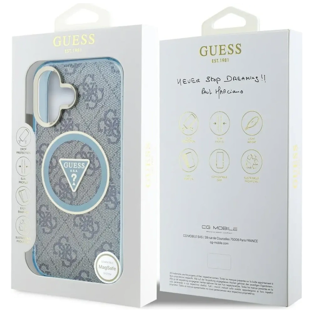 Etui Guess IML Metal Glitter 4G Circle Triangle MagSafe do Apple iPhone 16 niebieski