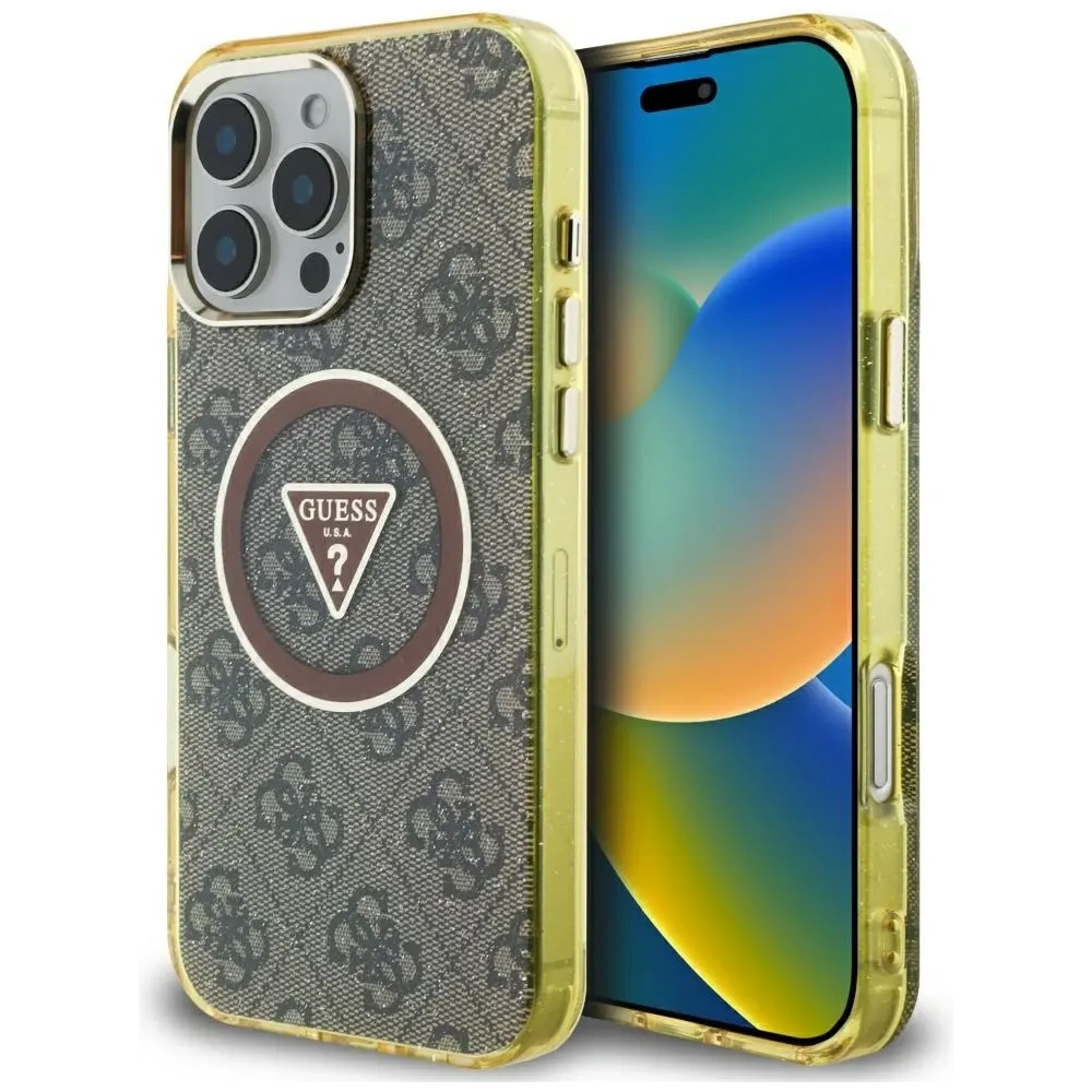 Etui Guess IML Metal Glitter 4G Circle Triangle MagSafe do Apple iPhone 16 Pro Max brązowy