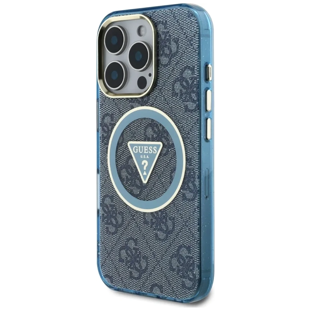 Etui Guess IML Metal Glitter 4G Circle Triangle MagSafe do Apple iPhone 16 Pro Max niebieski