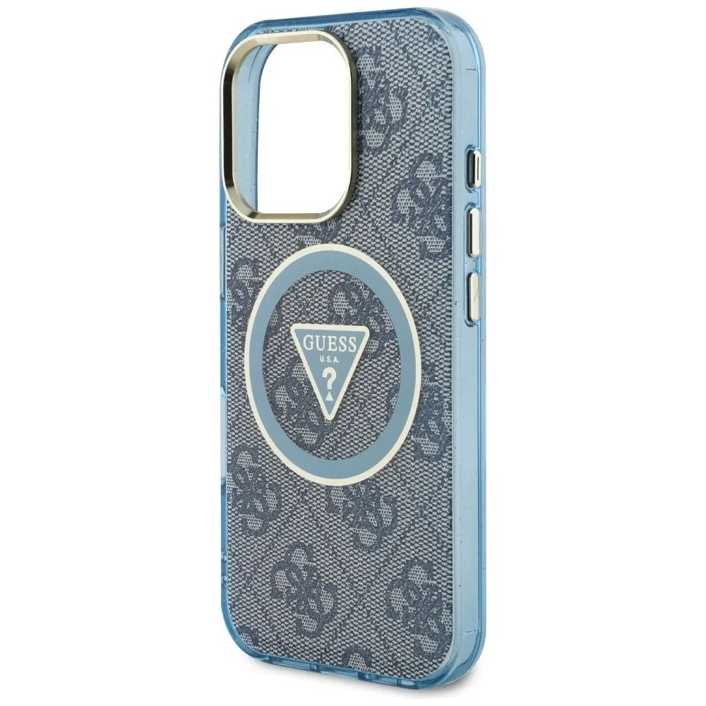 Etui Guess IML Metal Glitter 4G Circle Triangle MagSafe do Apple iPhone 16 Pro Max niebieski