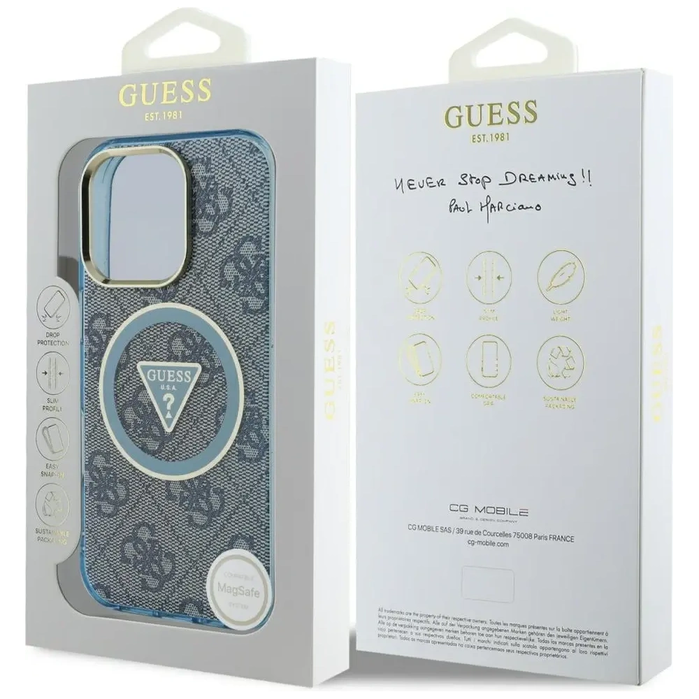 Etui Guess IML Metal Glitter 4G Circle Triangle MagSafe do Apple iPhone 16 Pro Max niebieski