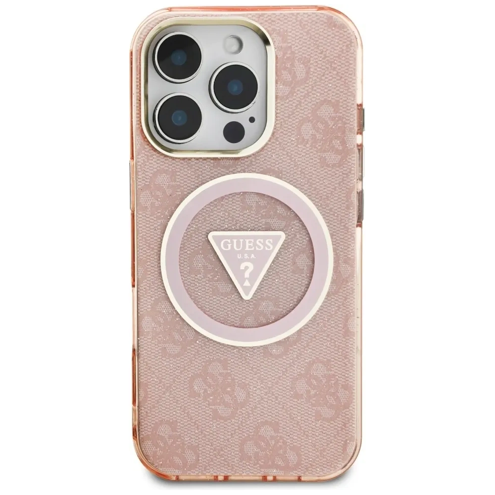 Etui Guess IML Metal Glitter 4G Circle Triangle MagSafe do Apple iPhone 16 Pro Max różowy