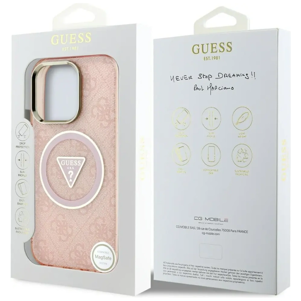 Etui Guess IML Metal Glitter 4G Circle Triangle MagSafe do Apple iPhone 16 Pro Max różowy