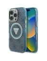 Etui Guess IML Metal Glitter 4G Circle Triangle MagSafe do Apple iPhone 16 Pro niebieski